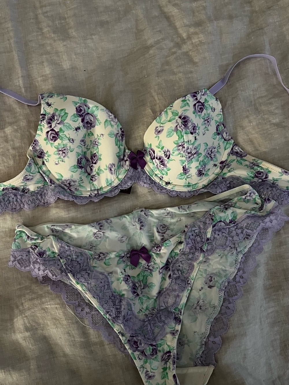 Floral Lace Trim Bra & Panty Set - Lavender Floral NWT
